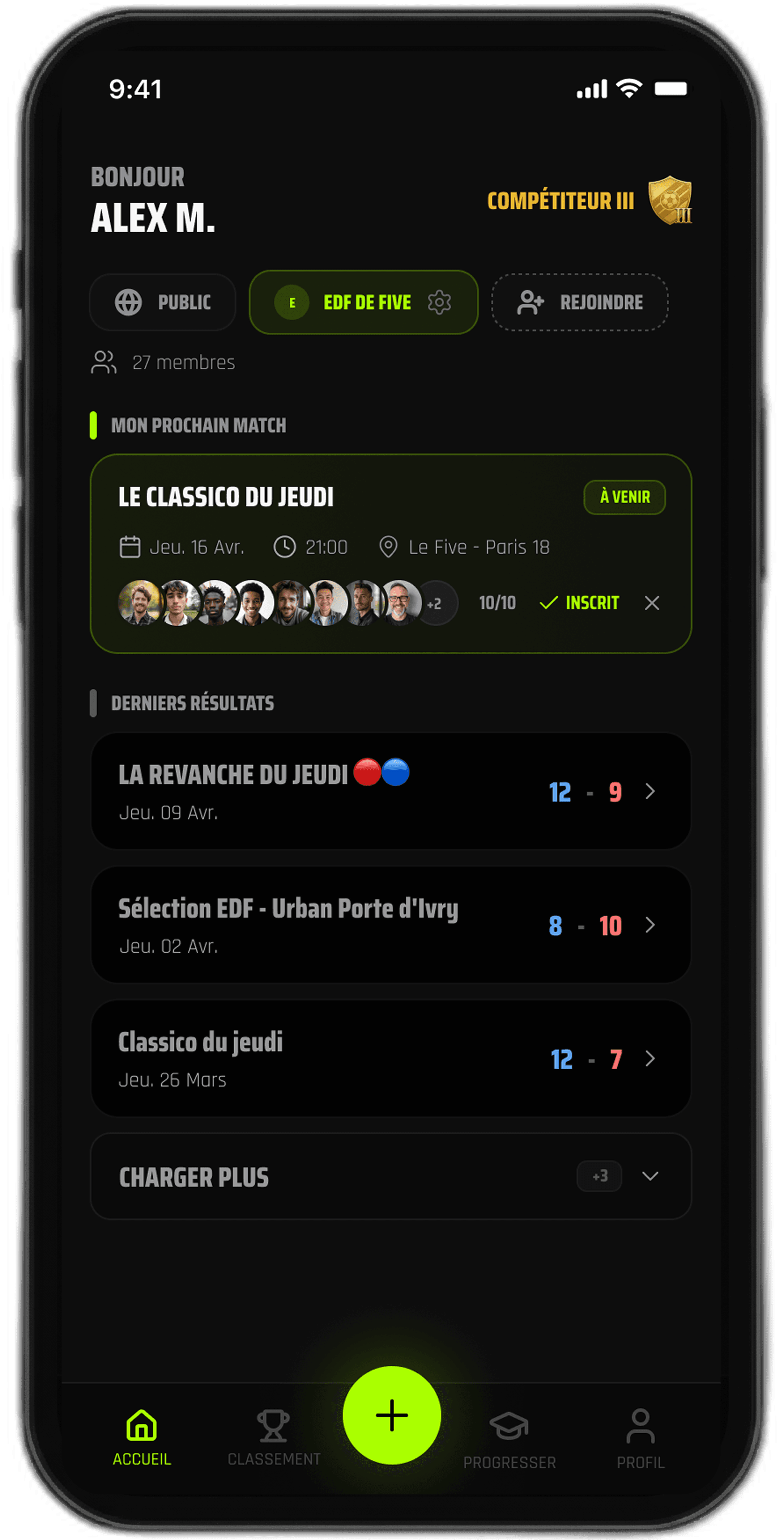 Aperçu de l'app Grinta : groupe EDF de five, prochain match, derniers résultats